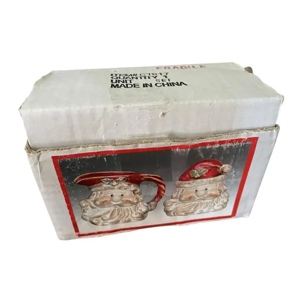 Holiday Santa Ceramic Creamer and Sugar Set Retro Look New